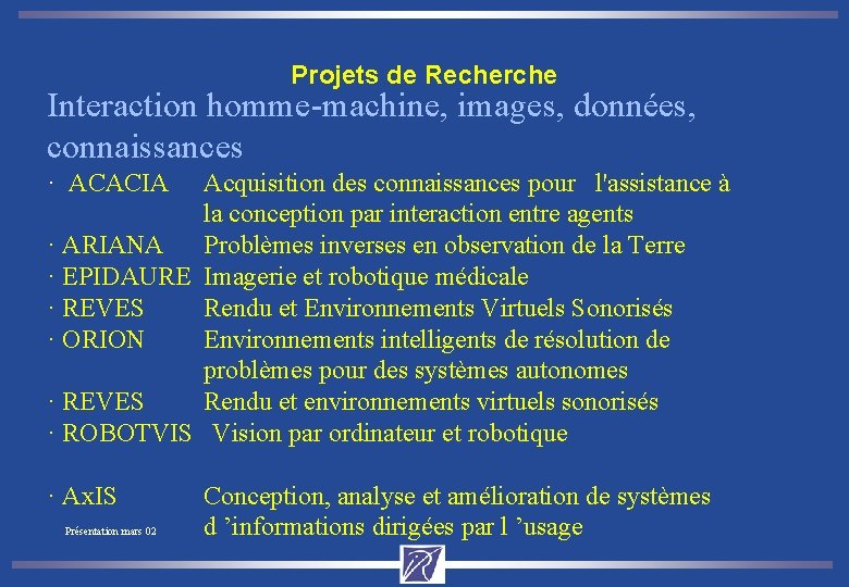Projets de Recherche Interaction homme-machine, images, données, connaissances · ACACIA Acquisition des connaissances pour