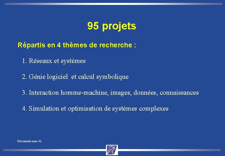 95 projets Répartis en 4 thèmes de recherche : 1. Réseaux et systèmes 2.