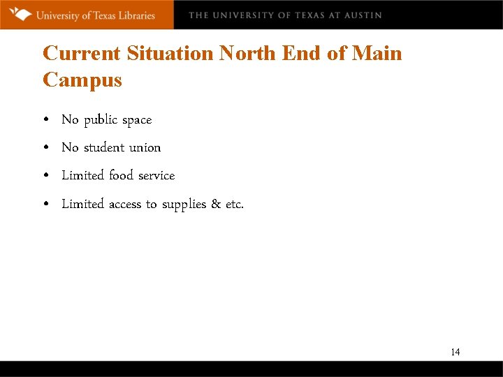 Current Situation North End of Main Campus • • No public space No student