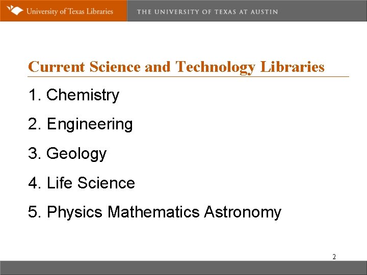 Current Science and Technology Libraries 1. Chemistry 2. Engineering 3. Geology 4. Life Science