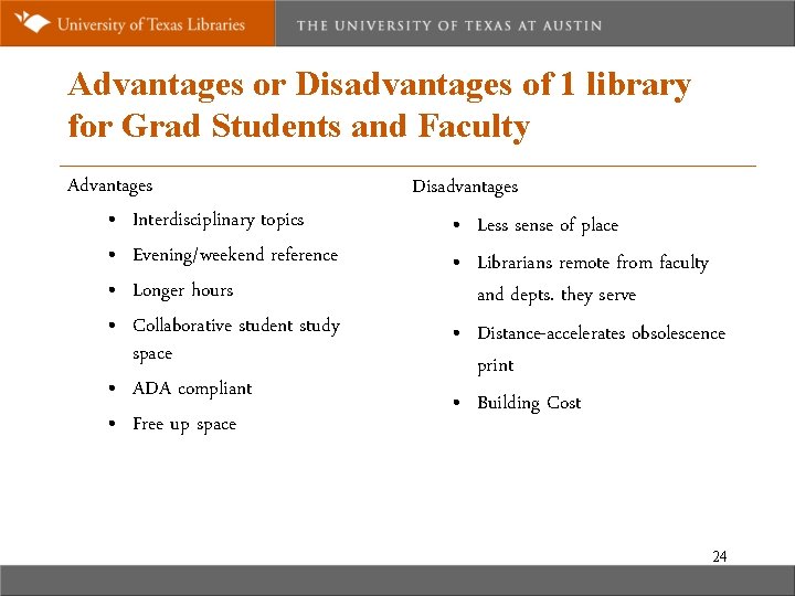 Advantages or Disadvantages of 1 library for Grad Students and Faculty Advantages • Interdisciplinary