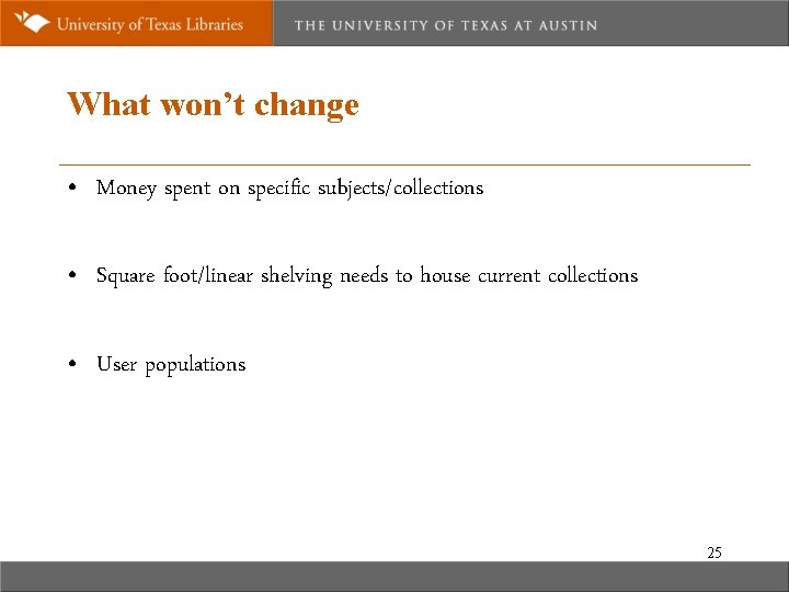 What won’t change • Money spent on specific subjects/collections • Square foot/linear shelving needs