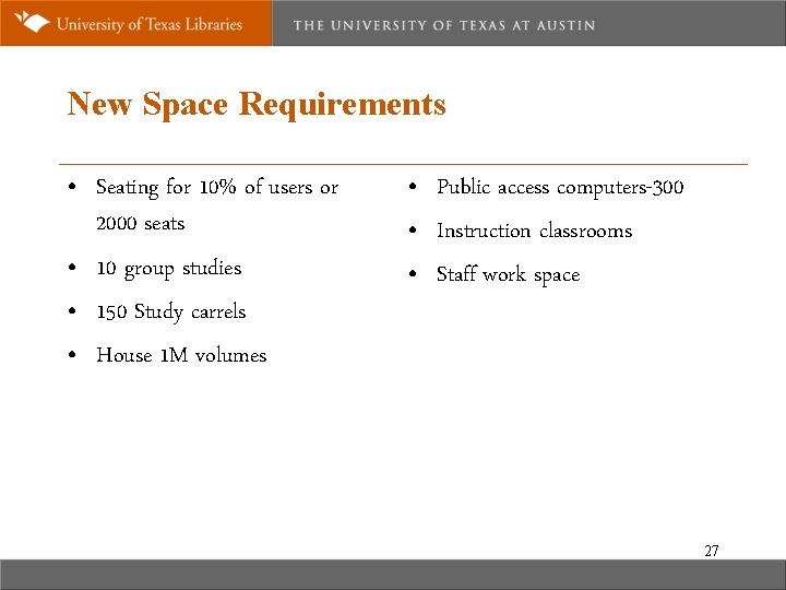 New Space Requirements • Seating for 10% of users or 2000 seats • 10