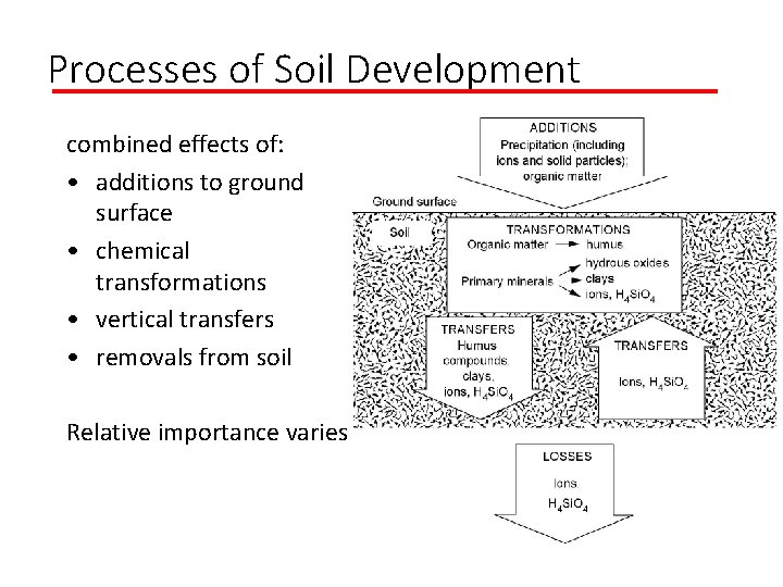 Processes of Soil Development combined effects of: • additions to ground surface • chemical