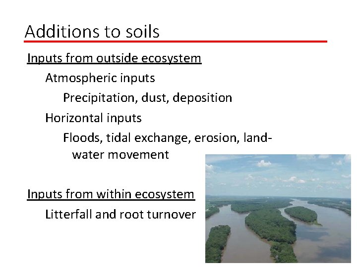Additions to soils Inputs from outside ecosystem Atmospheric inputs Precipitation, dust, deposition Horizontal inputs