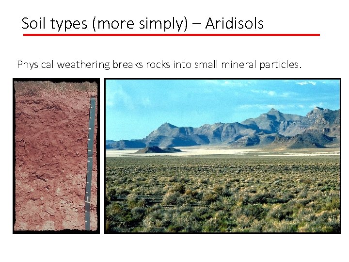 Soil types (more simply) – Aridisols Physical weathering breaks rocks into small mineral particles.