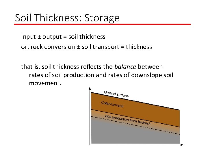 Soil Thickness: Storage input ± output = soil thickness or: rock conversion ± soil