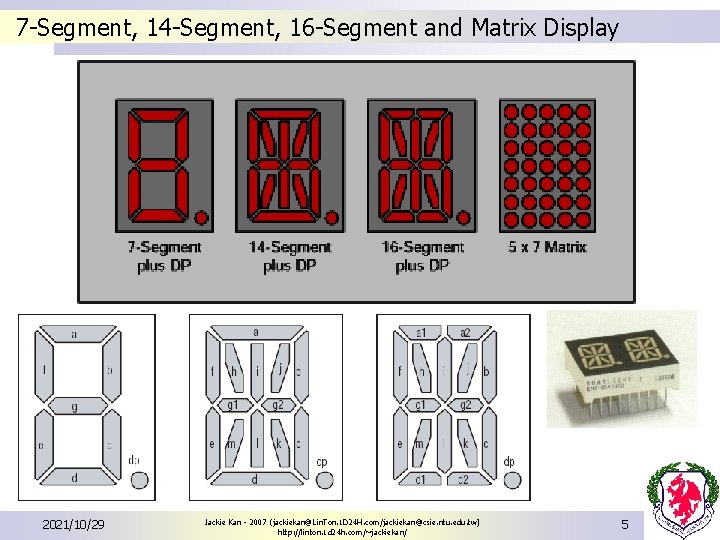 7 -Segment, 14 -Segment, 16 -Segment and Matrix Display 2021/10/29 Jackie Kan - 2007 7 -Segment, 14 -Segment, 16 -Segment and Matrix Display 2021/10/29 Jackie Kan - 2007
