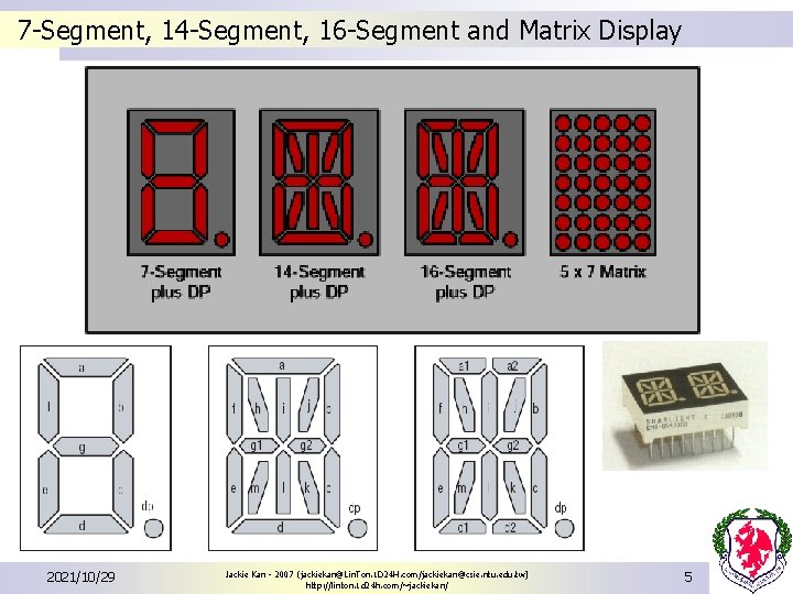 7 -Segment, 14 -Segment, 16 -Segment and Matrix Display 2021/10/29 Jackie Kan - 2007