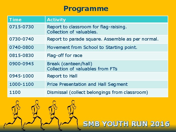 Programme Time Activity 0715 -0730 Report to classroom for flag-raising. Collection of valuables. 0730