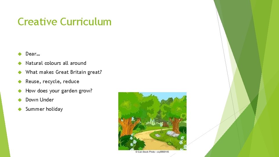 Creative Curriculum Dear… Natural colours all around What makes Great Britain great? Reuse, recycle,