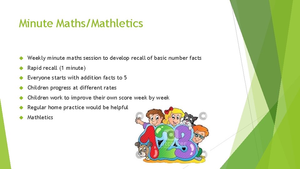 Minute Maths/Mathletics Weekly minute maths session to develop recall of basic number facts Rapid