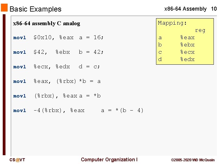 Basic Examples x 86 -64 Assembly 10 Mapping: x 86 -64 assembly C analog