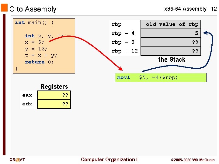 C to Assembly x 86 -64 Assembly 12 int main() { rbp int x,