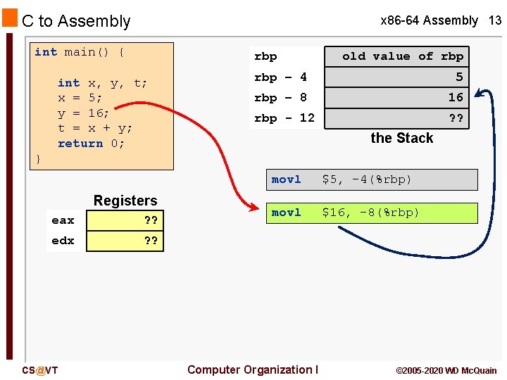 C to Assembly x 86 -64 Assembly 13 int main() { rbp int x,