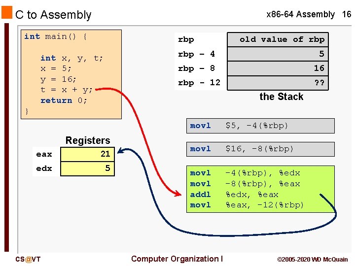 C to Assembly x 86 -64 Assembly 16 int main() { rbp int x,