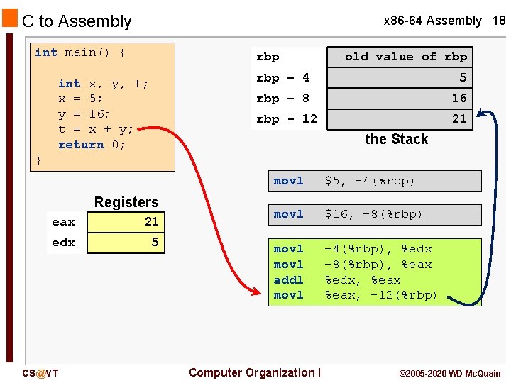 C to Assembly x 86 -64 Assembly 18 int main() { rbp int x,