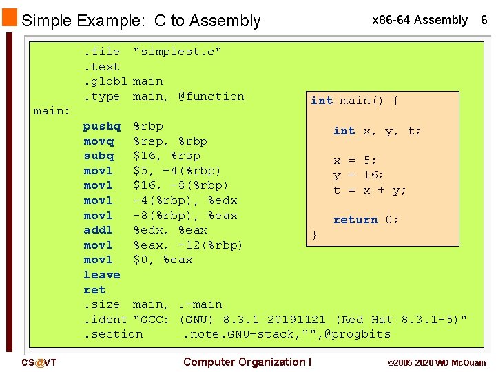 Simple Example: C to Assembly. file "simplest. c". text. globl main. type main, @function