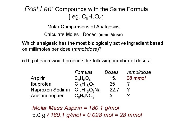 Post Lab: Compounds with the Same Formula [ eg. C 9 H 8 O