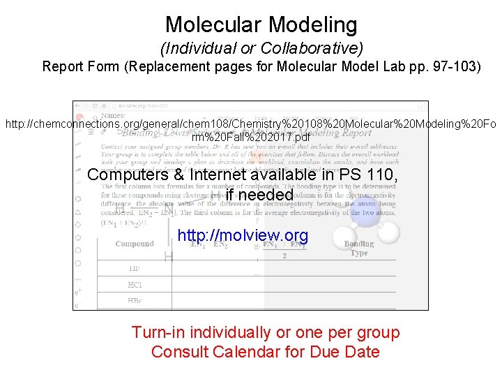 Molecular Modeling (Individual or Collaborative) Report Form (Replacement pages for Molecular Model Lab pp.