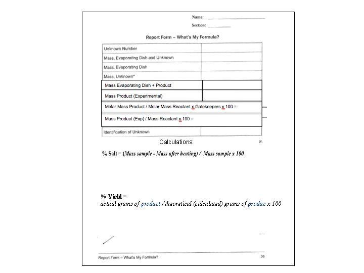 Calculations: % Yield = actual grams of product / theoretical (calculated) grams of produc