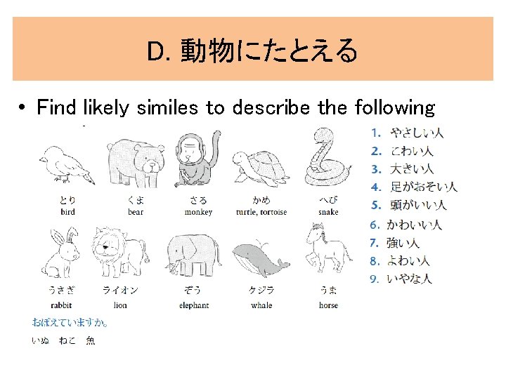 D. 動物にたとえる • Find likely similes to describe the following people. 