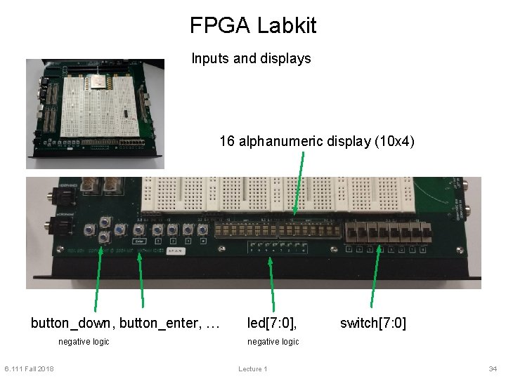 FPGA Labkit Inputs and displays 16 alphanumeric display (10 x 4) button_down, button_enter, …