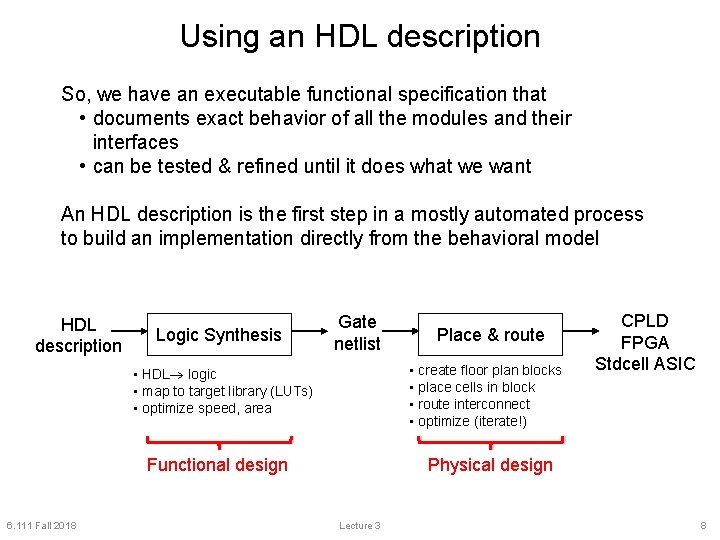 Using an HDL description So, we have an executable functional specification that • documents