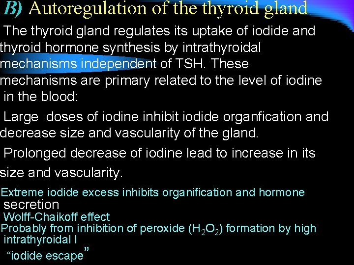 B) Autoregulation of the thyroid gland The thyroid gland regulates its uptake of iodide