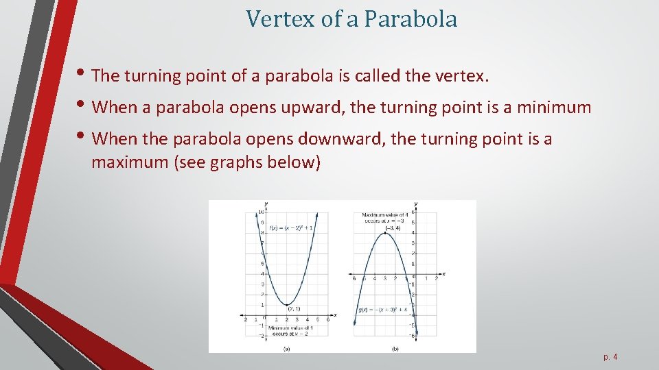 Vertex of a Parabola • The turning point of a parabola is called the