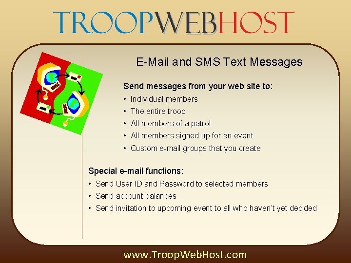 E-Mail and SMS Text Messages Send messages from your web site to: • Individual