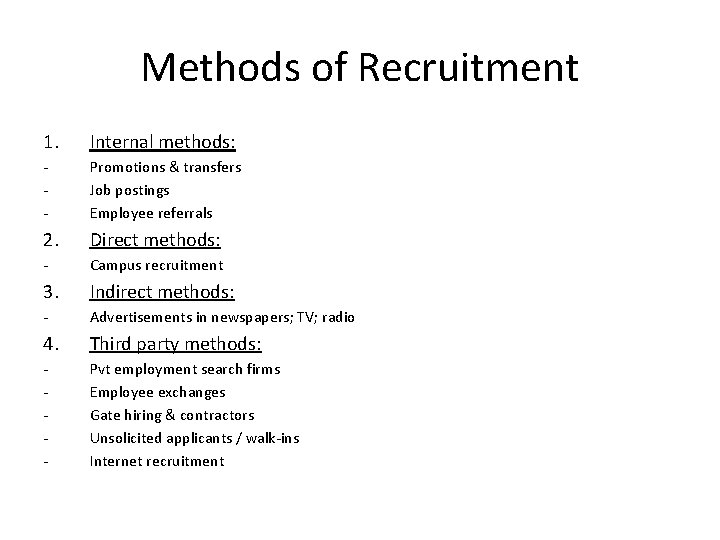 Methods of Recruitment 1. Internal methods: - Promotions & transfers Job postings Employee referrals Methods of Recruitment 1. Internal methods: - Promotions & transfers Job postings Employee referrals