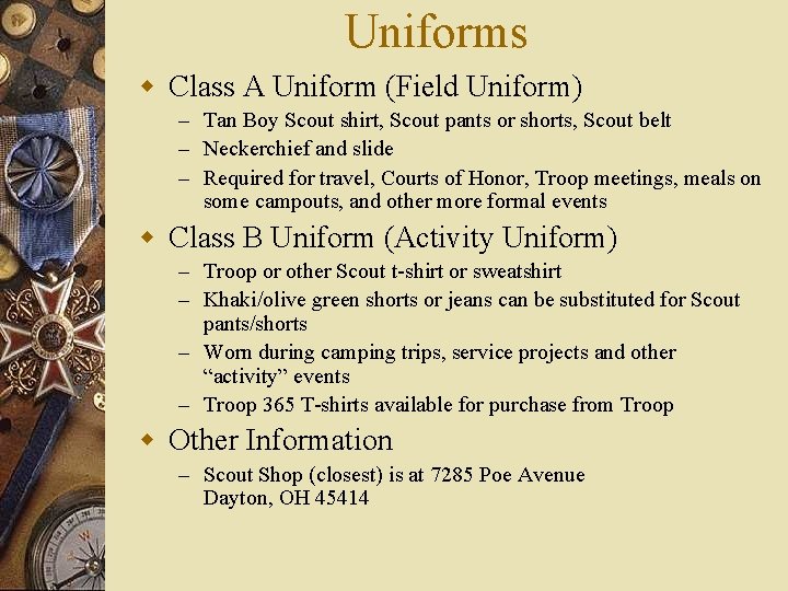 Uniforms w Class A Uniform (Field Uniform) – Tan Boy Scout shirt, Scout pants