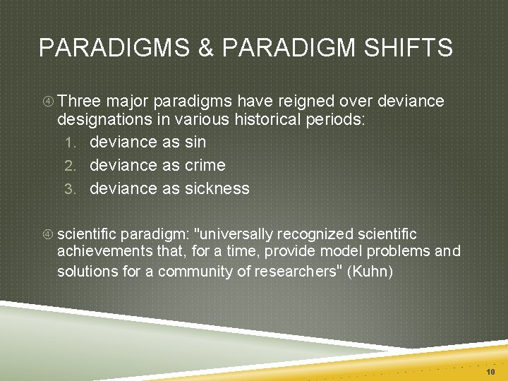 PARADIGMS & PARADIGM SHIFTS Three major paradigms have reigned over deviance designations in various