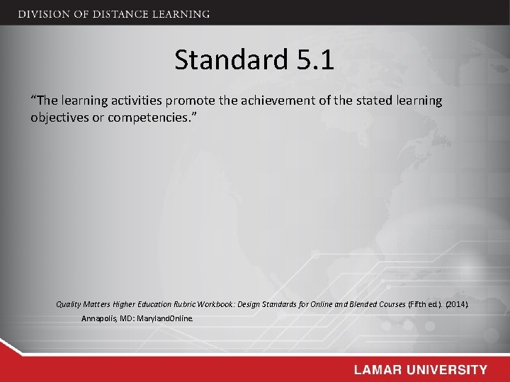 Standard 5. 1 “The learning activities promote the achievement of the stated learning objectives