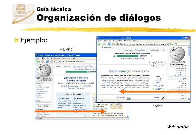 Guía técnica Organización de diálogos z Ejemplo: español árabe Wikipedia 