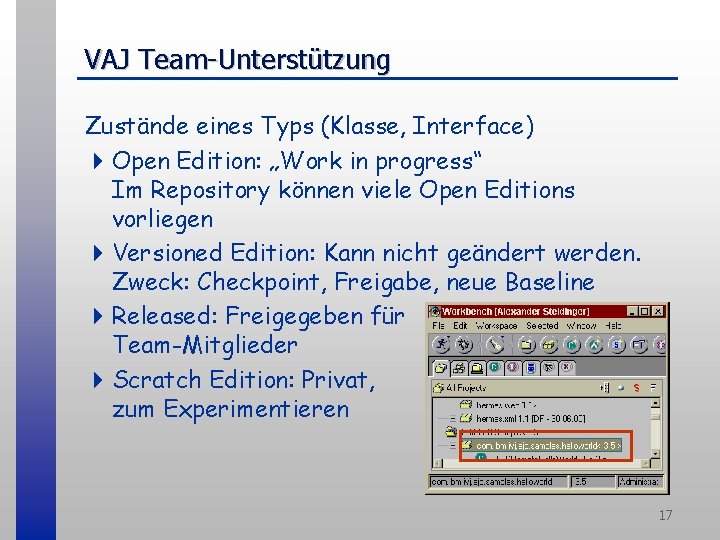 VAJ Team-Unterstützung Zustände eines Typs (Klasse, Interface) 4 Open Edition: „Work in progress“ Im