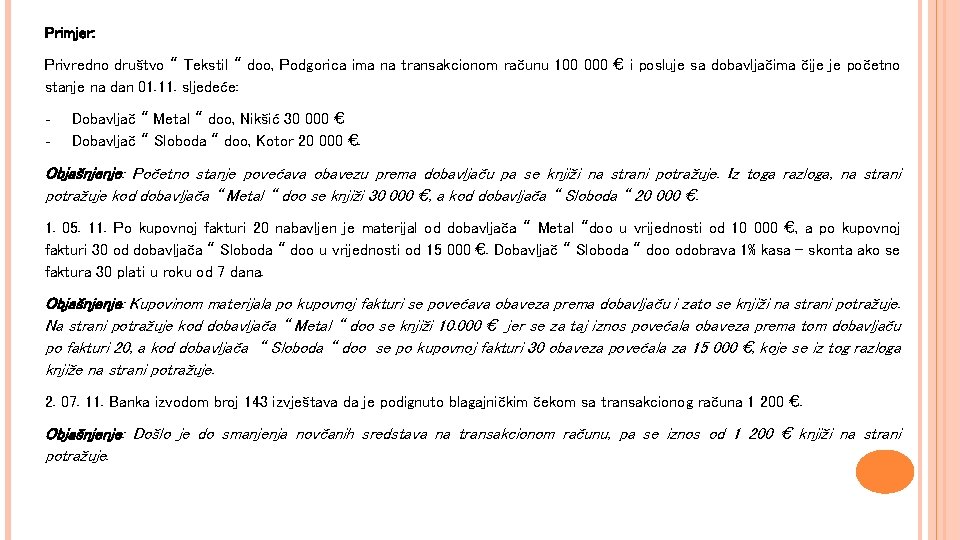 Primjer: Privredno društvo “ Tekstil “ doo, Podgorica ima na transakcionom računu 100 000
