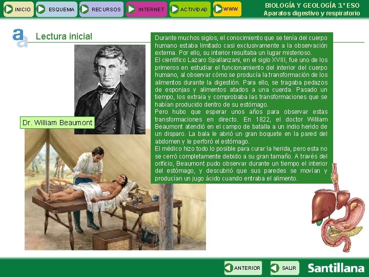 INICIO ESQUEMA RECURSOS Lectura inicial Dr. William Beaumont INTERNET ACTIVIDAD WWW BIOLOGÍA Y GEOLOGÍA