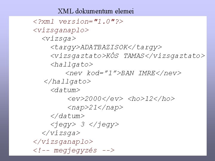 XML dokumentum elemei <? xml version="1. 0"? > <vizsganaplo> <vizsga> <targy>ADATBAZISOK</targy> <vizsgaztato>KÓS TAMAS</vizsgaztato> <hallgato>