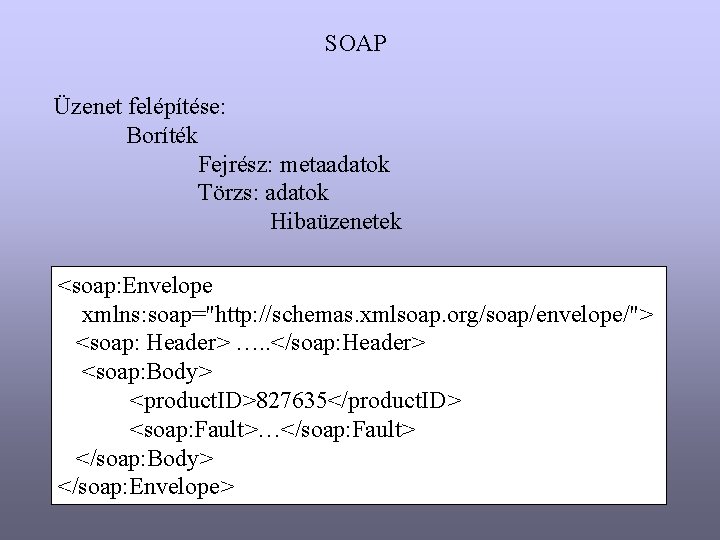 SOAP Üzenet felépítése: Boríték Fejrész: metaadatok Törzs: adatok Hibaüzenetek <soap: Envelope xmlns: soap="http: //schemas.