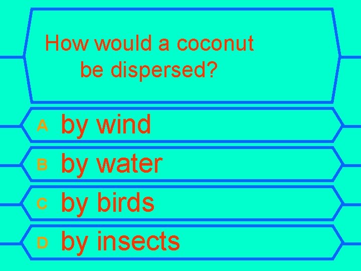 How would a coconut be dispersed? A B C D by wind by water