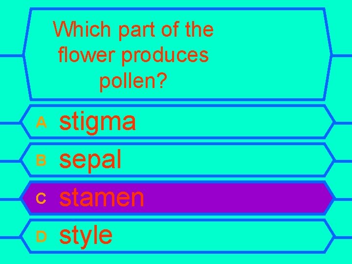 Which part of the flower produces pollen? A B C D stigma sepal stamen