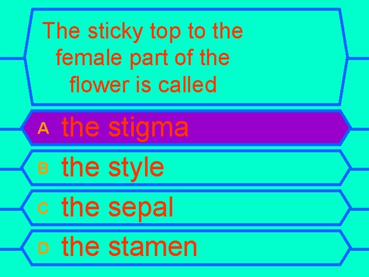 The sticky top to the female part of the flower is called A B