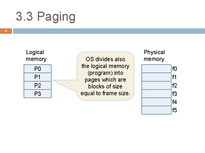 3. 3 Paging 4 Logical memory P 0 P 1 P 2 P 3