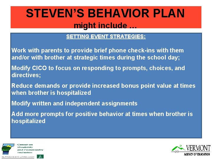 STEVEN’S BEHAVIOR PLAN might include … SETTING EVENT STRATEGIES: Work with parents to provide