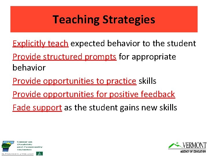 Teaching Strategies Explicitly teach expected behavior to the student Provide structured prompts for appropriate