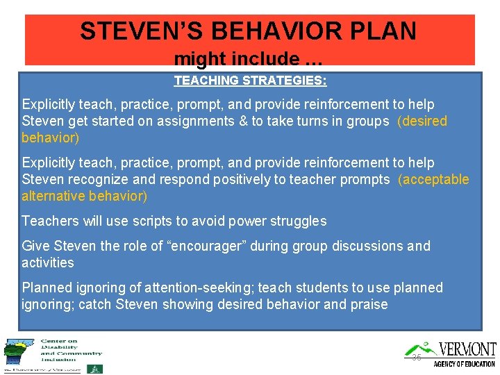 STEVEN’S BEHAVIOR PLAN might include … TEACHING STRATEGIES: Explicitly teach, practice, prompt, and provide