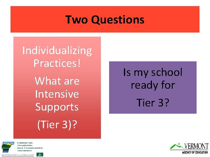Two Questions Individualizing Practices! What are Intensive Supports (Tier 3)? Is my school ready