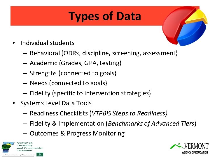 Types of Data • Individual students – Behavioral (ODRs, discipline, screening, assessment) – Academic